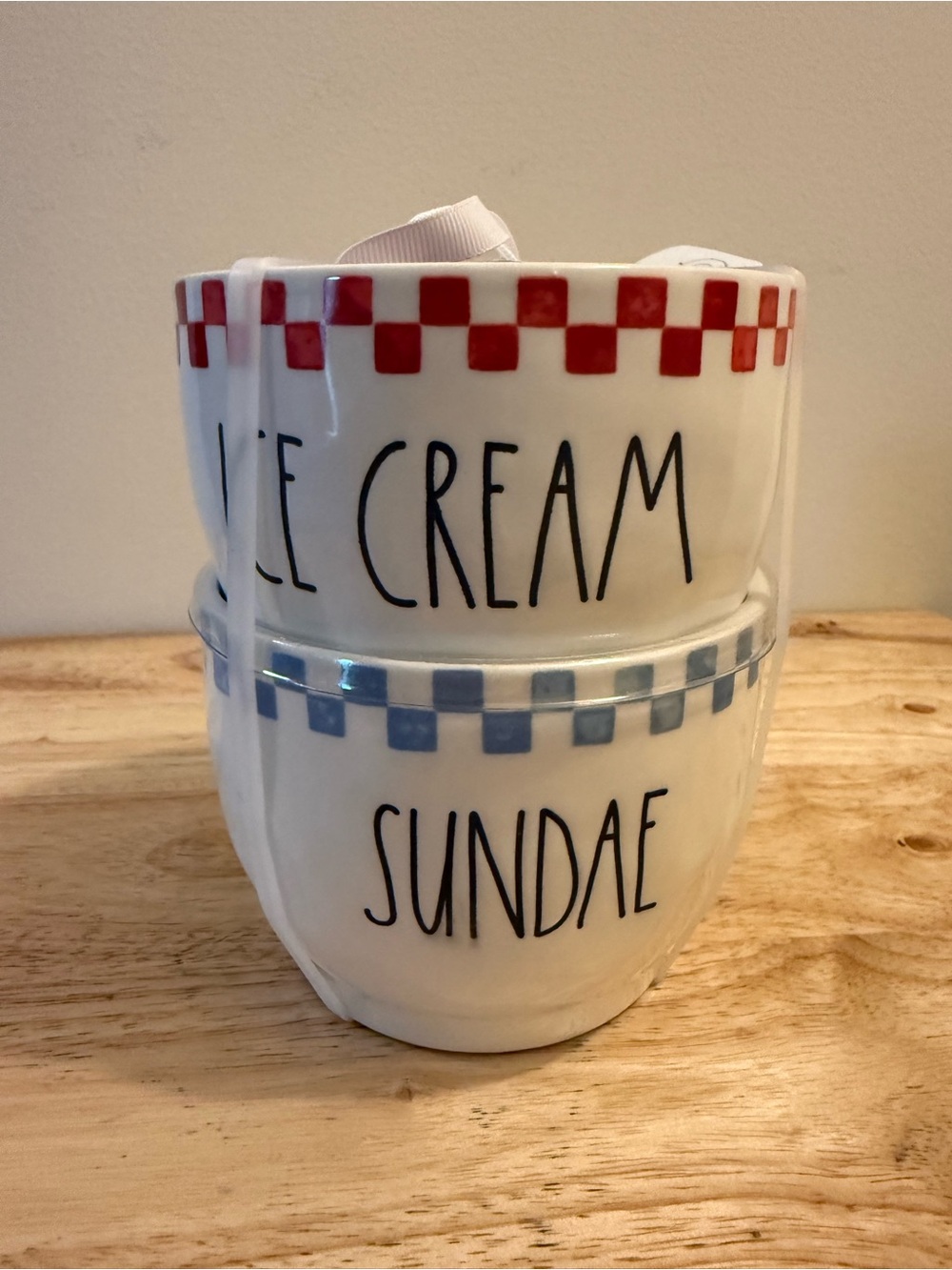 Rae Dunn White Ceramic Ice Cream Sundae Bowls with Red and Blue Trim